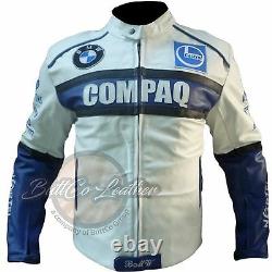 New BMW Compaq Genuine Cowhide White Leather Motorcycle Racing Biker Jacket